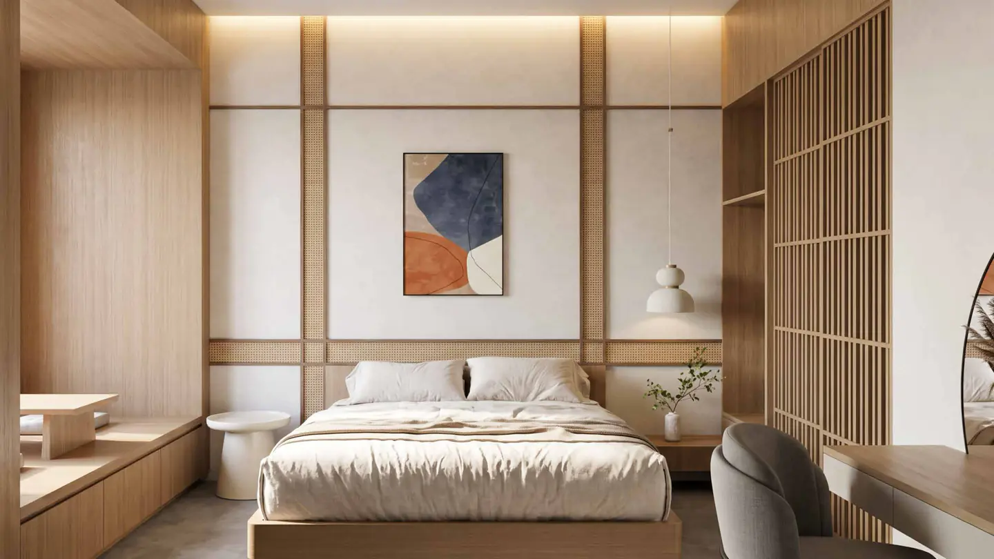 A bedroom with a timber slat feature wall, pendant lamp and dressing chair.
