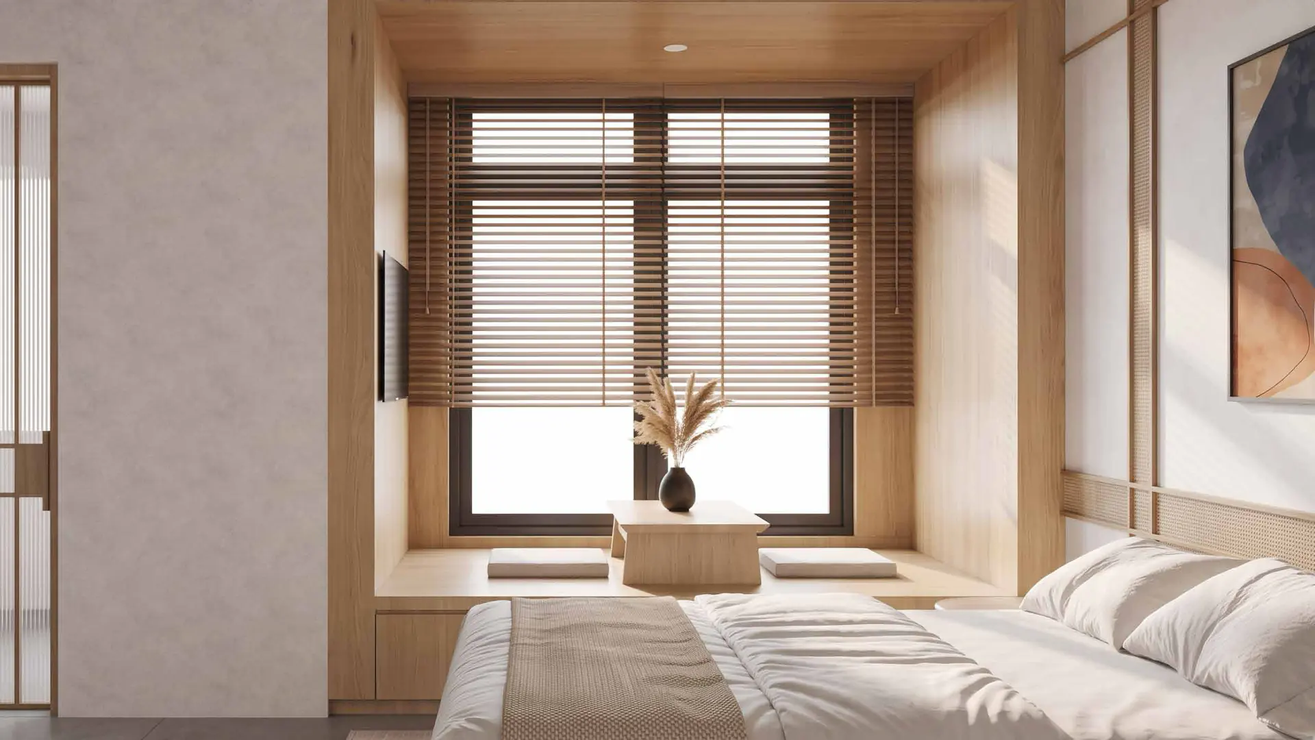 A bedroom facing a timber-framed window with a built-in bench seat and blinds.