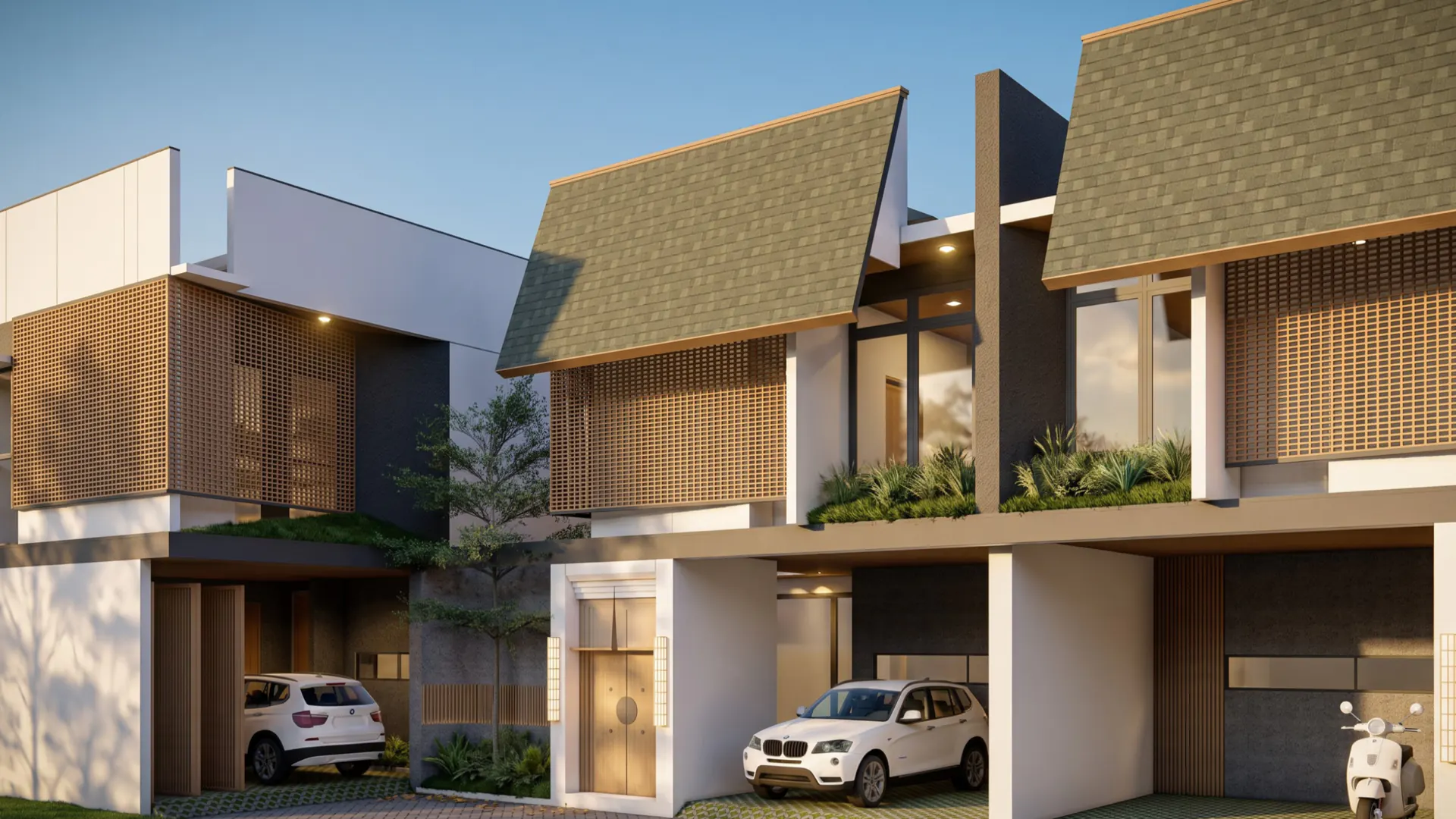 Villa frontage with open carports