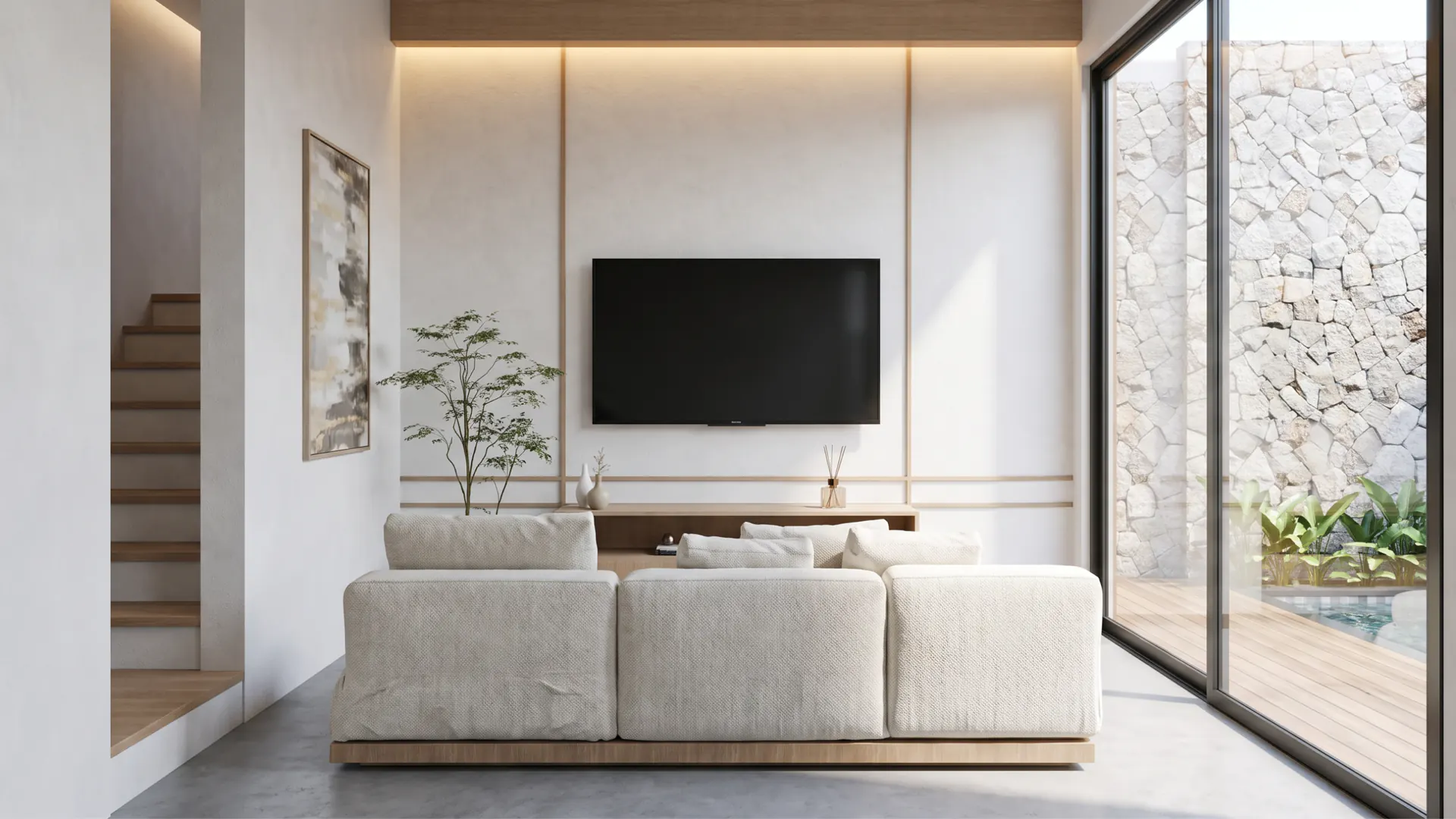 Living room and courtyard through full-height glass