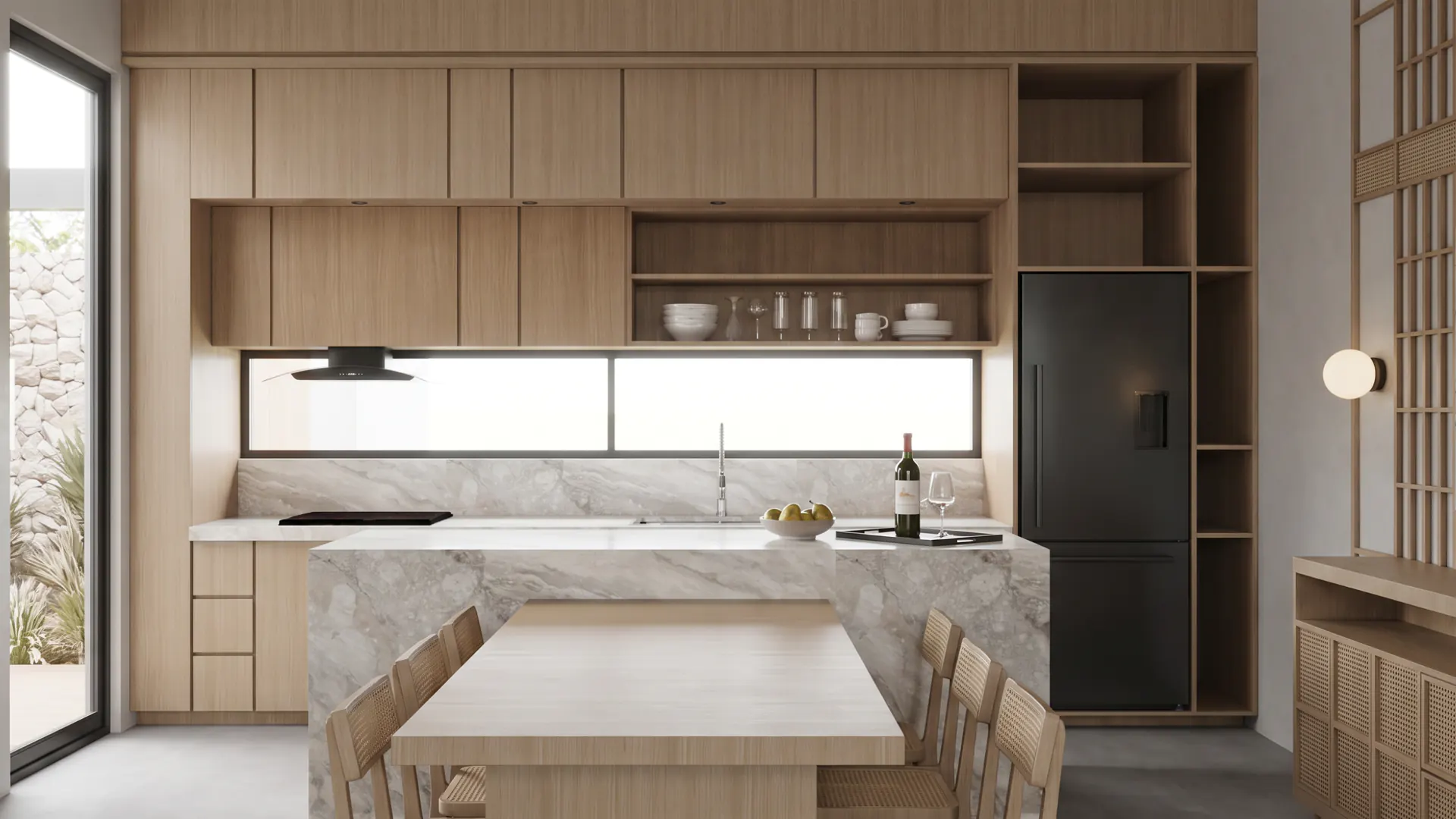Kitchen island with clerestory window and tall joinery