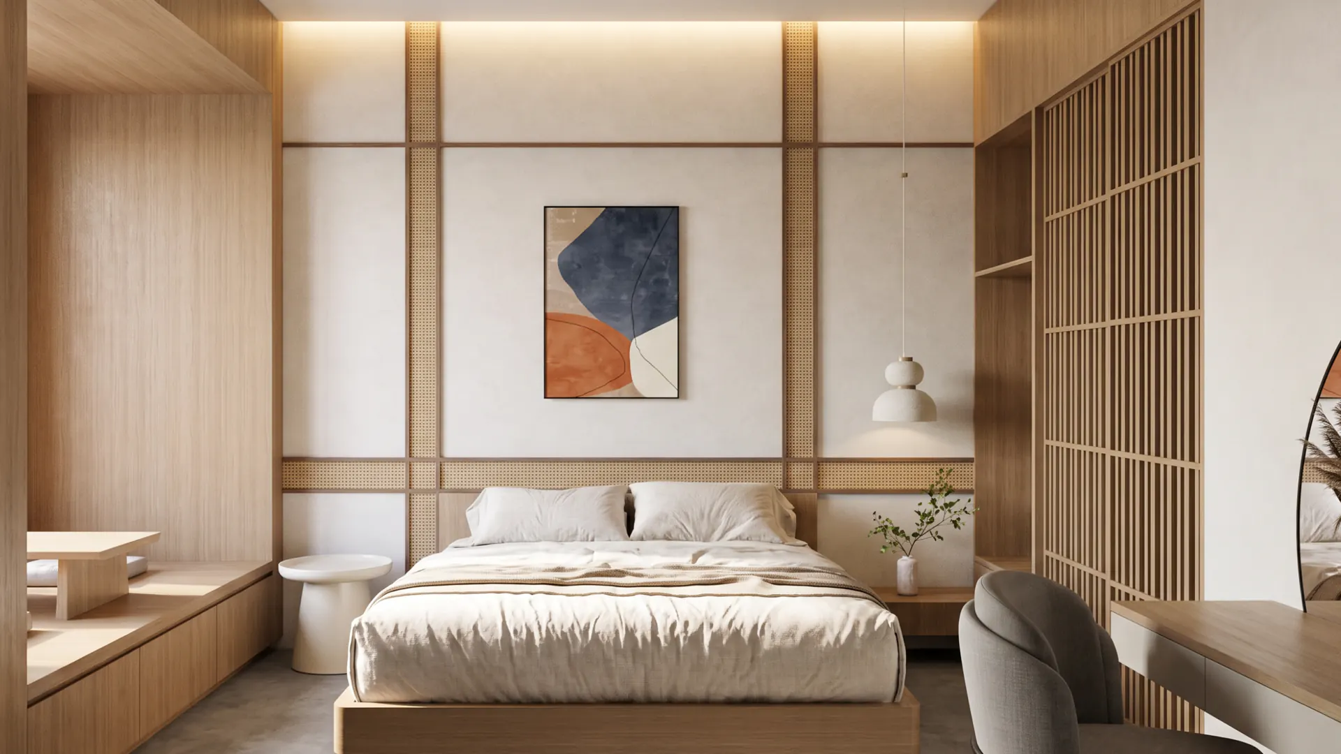 Bedroom with framed artwork and timber panelling