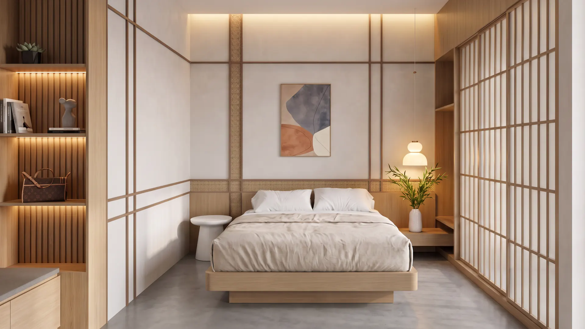 Platform bed behind a shoji screen