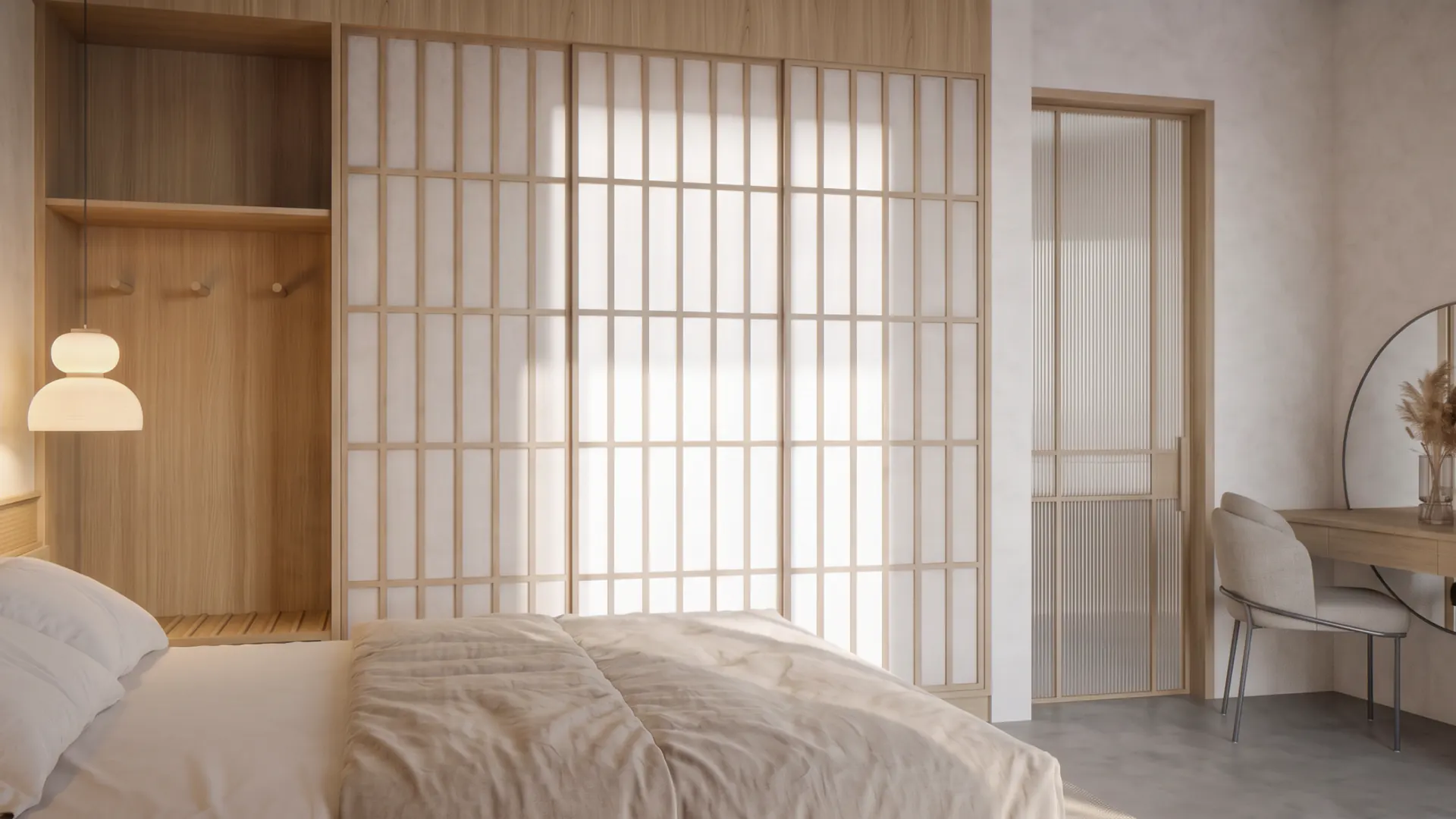 Wardrobe niche beside the backlit shoji wall