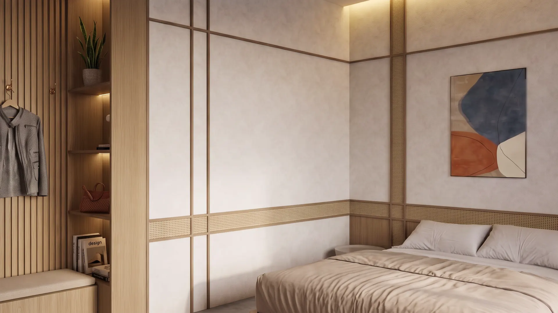 Dressing area against the timber slat wall