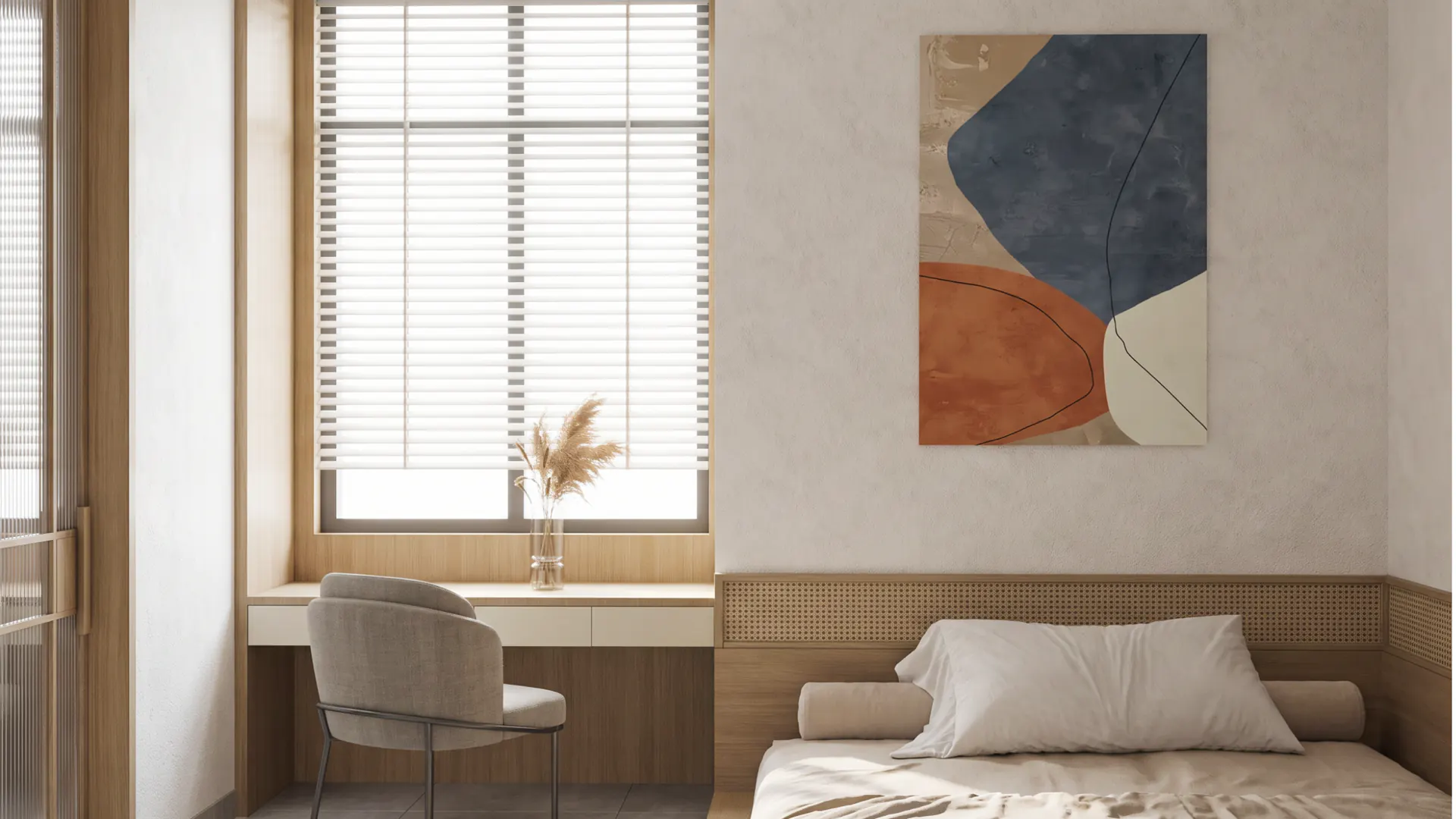 Bedroom with the built-in desk and shuttered window