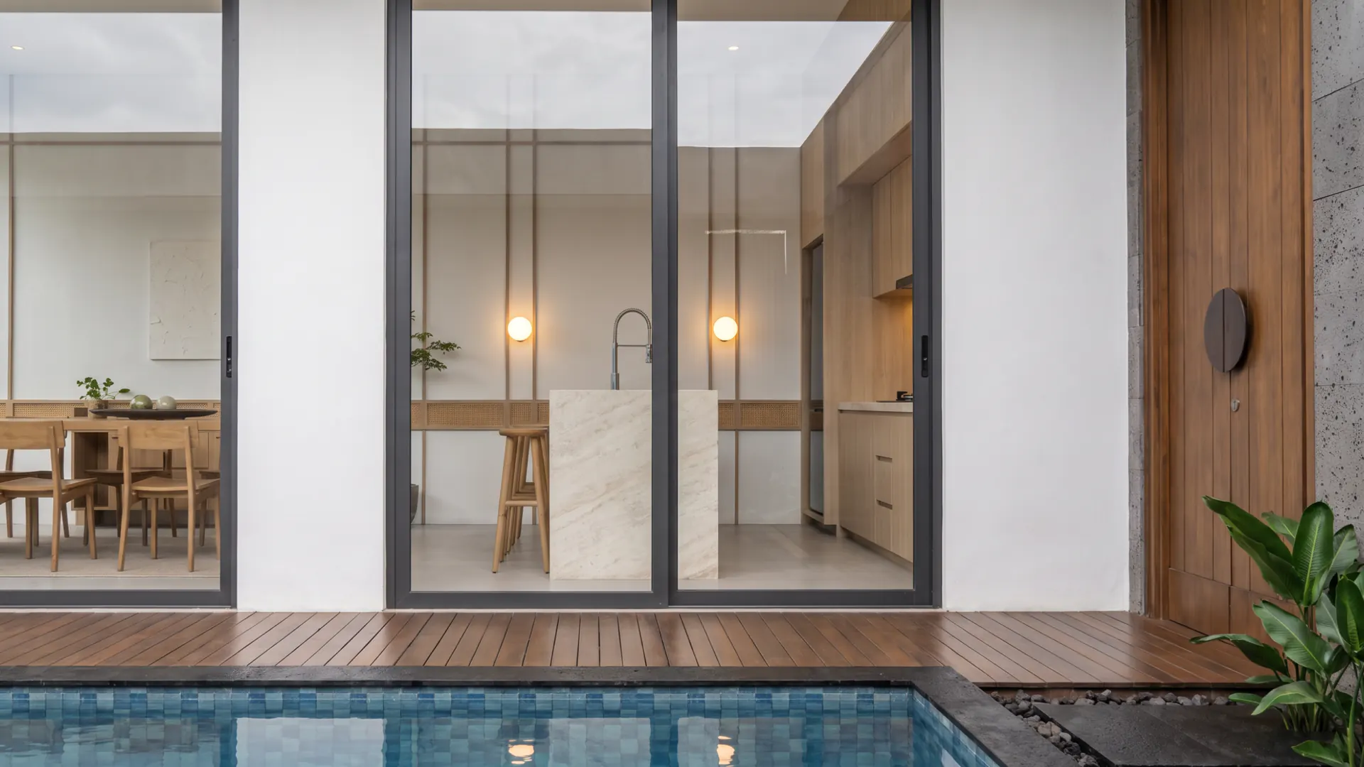 Pool and timber deck looking into the dining room