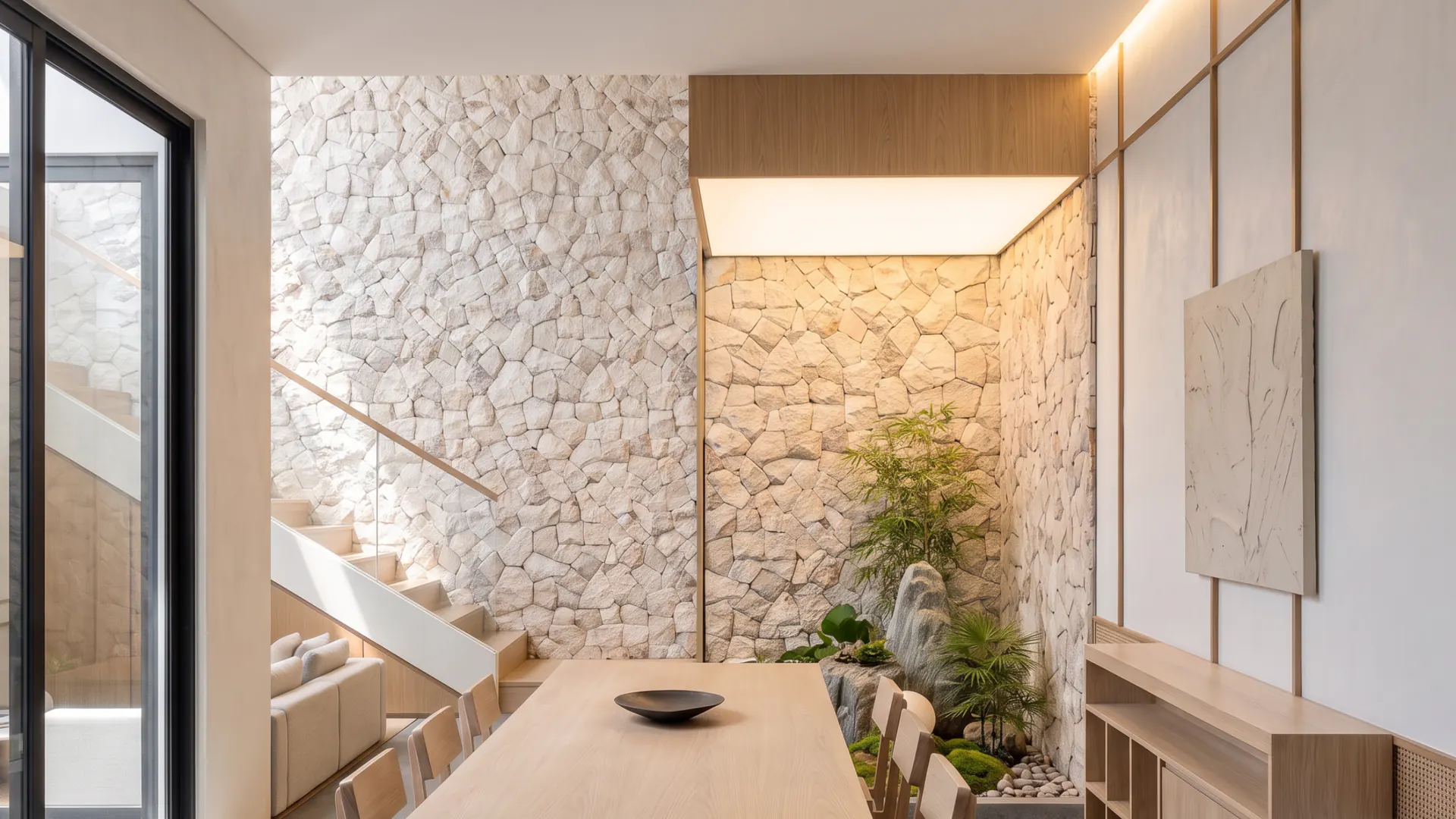Double-height stone courtyard with the floating stair