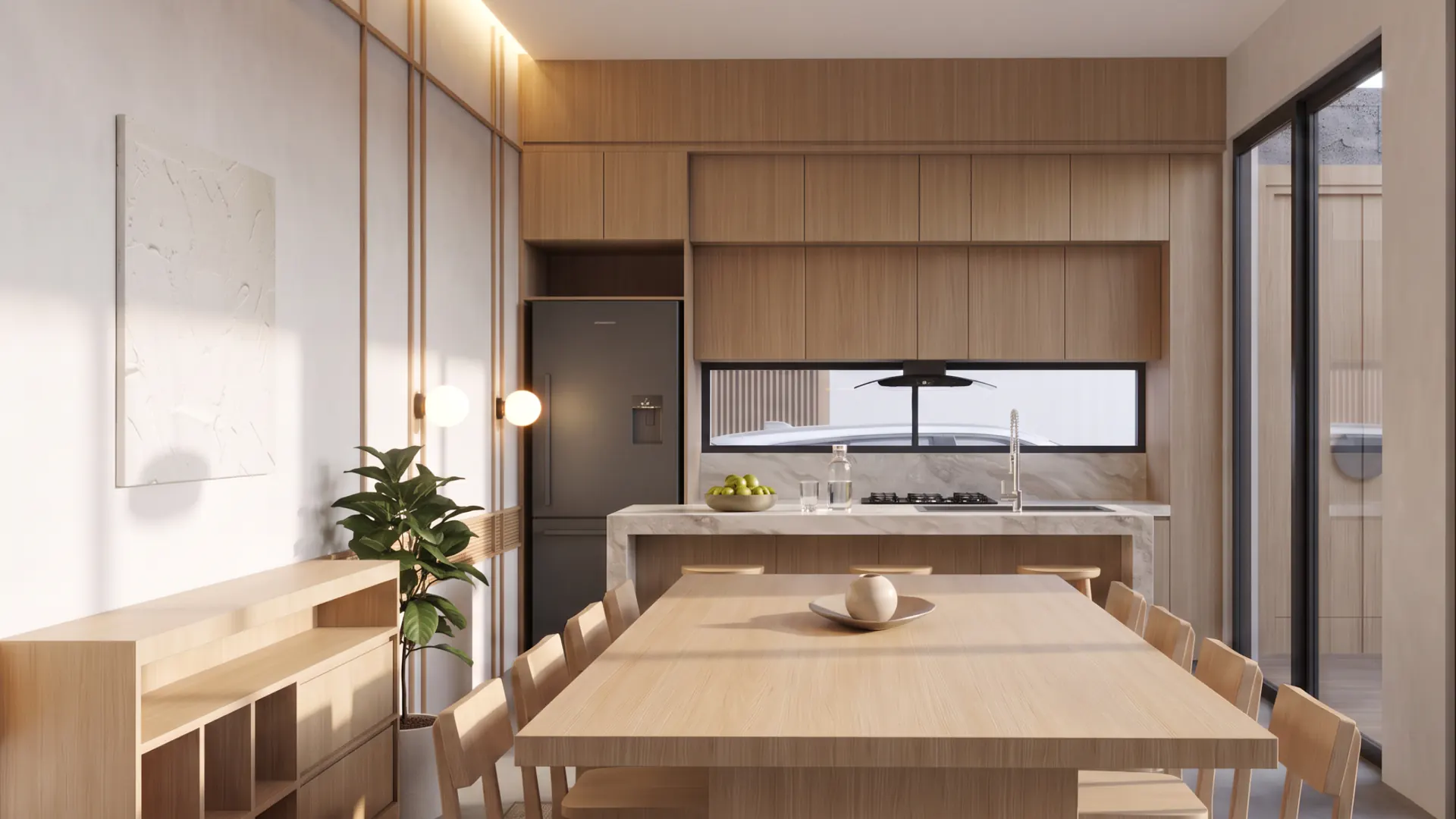 Long dining table and open kitchen