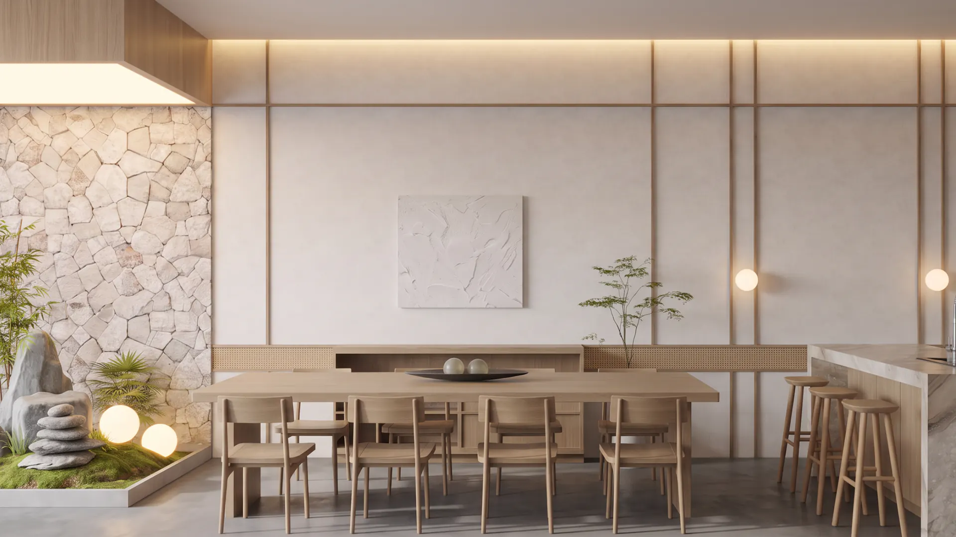 Dining beside the indoor zen garden