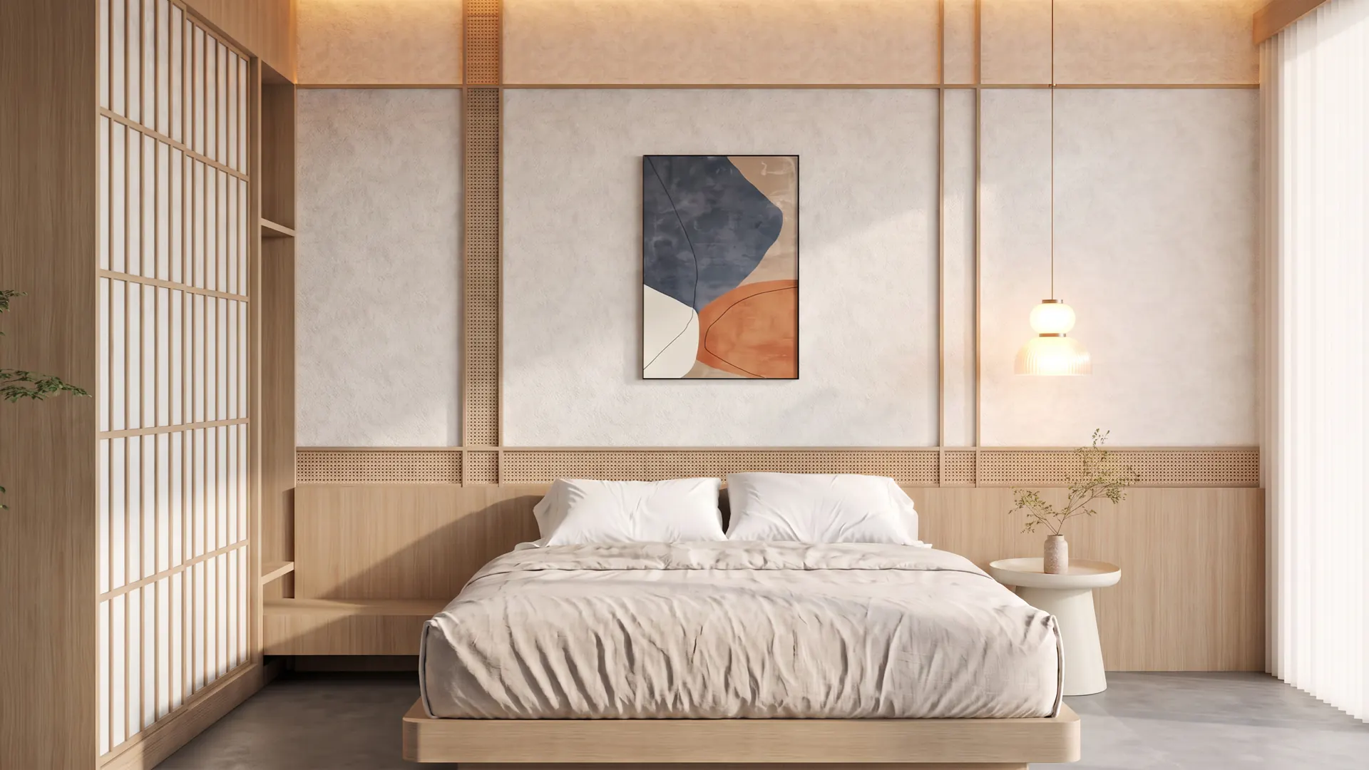 Bedroom with shoji screens and artwork