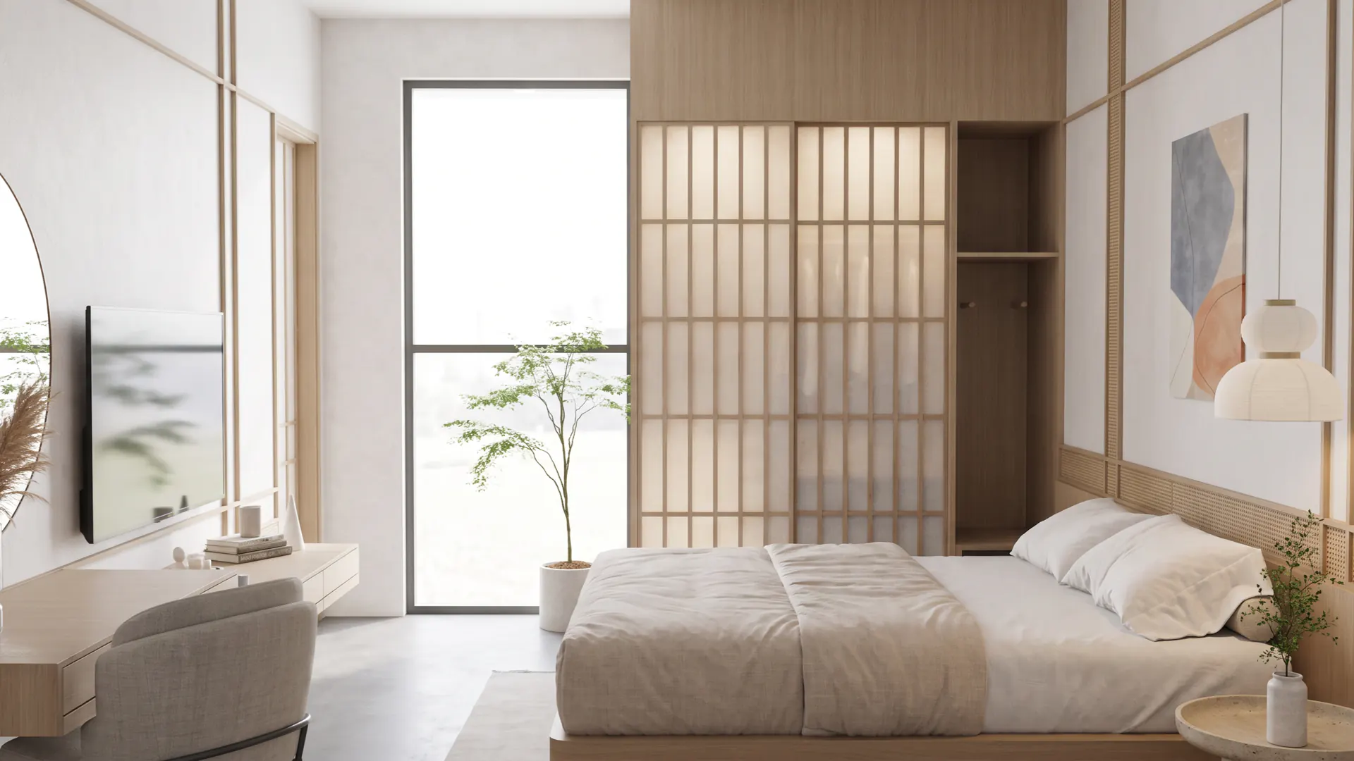 Bedroom, dressing area and garden outlook