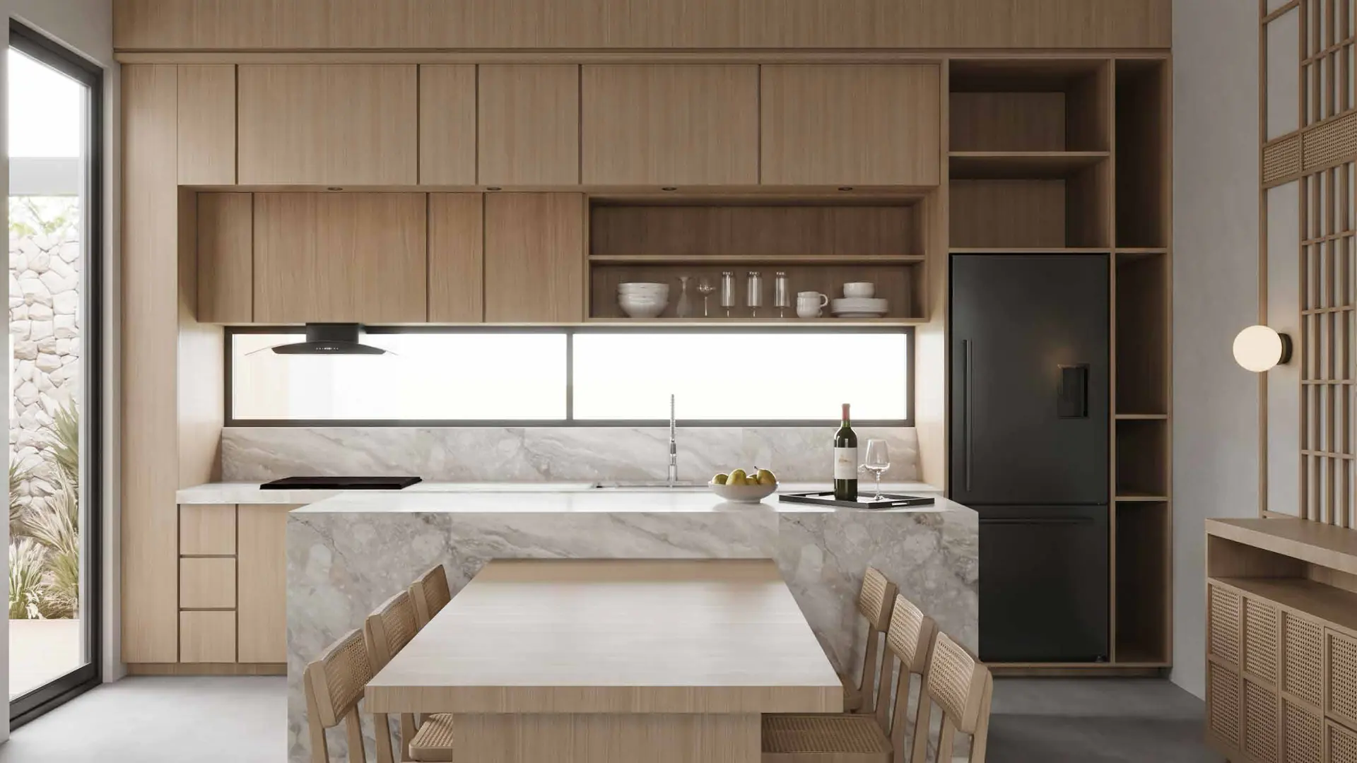 A marble kitchen island with full-height timber cabinetry and a long window splashback.