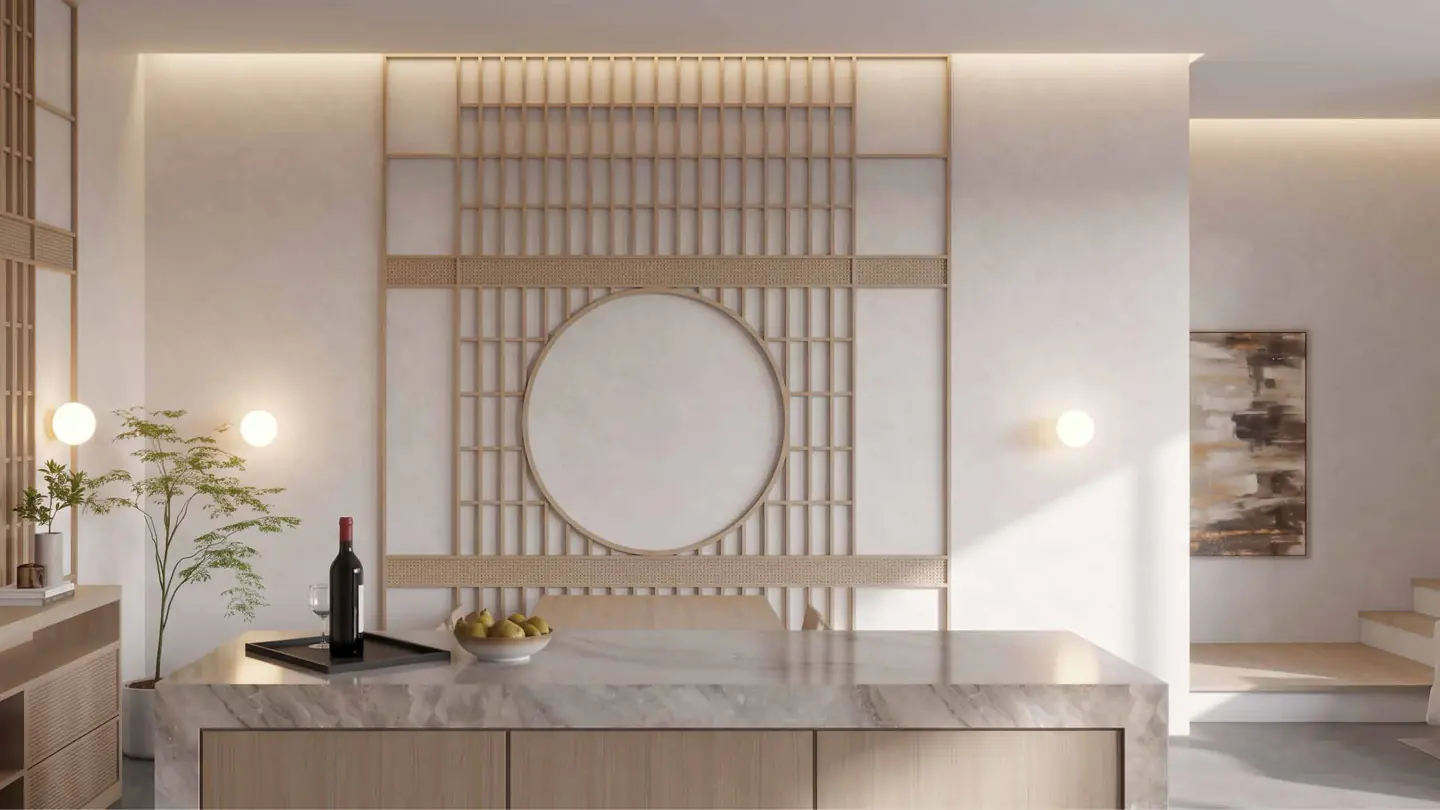 A marble counter in front of a timber lattice wall holding a large round mirror.