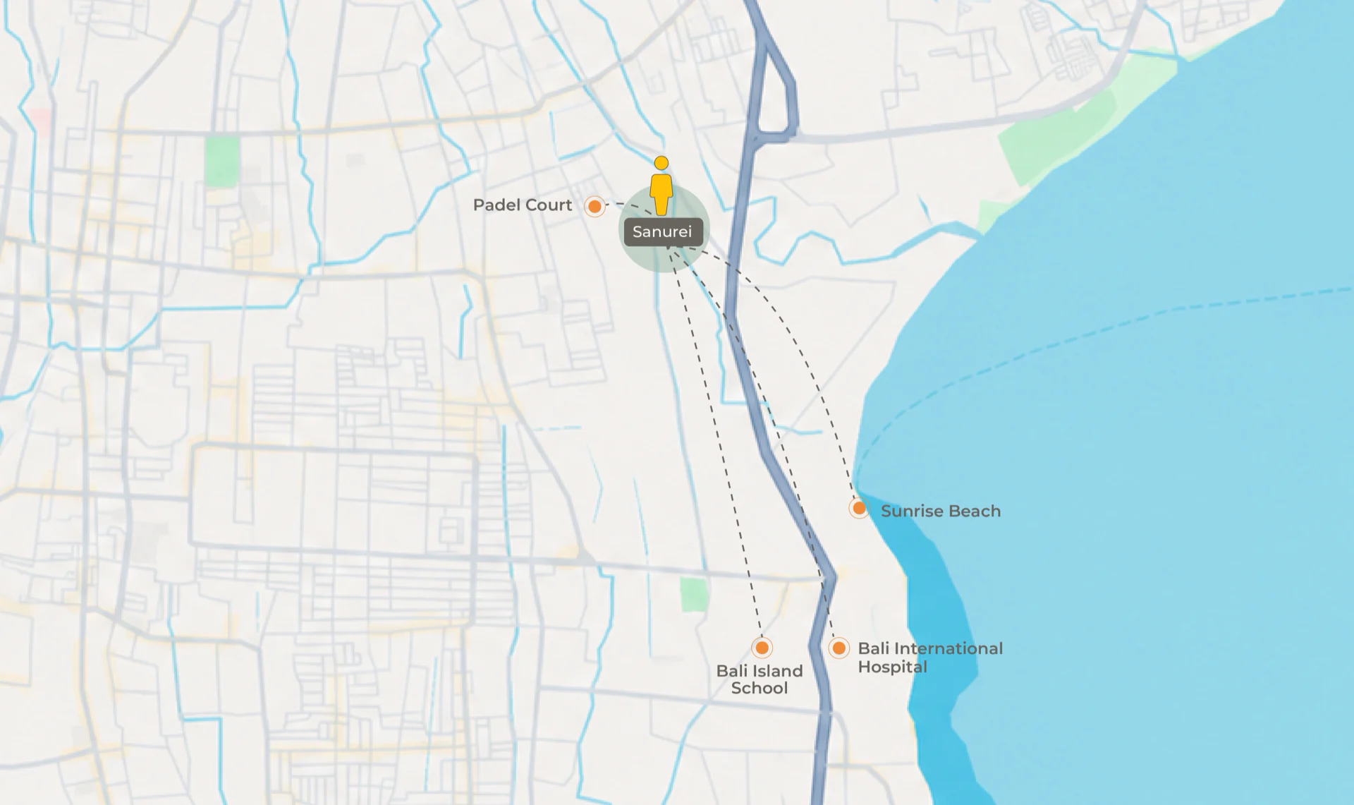 Map of Sanur locating SANUREI, with Padel Court directly opposite and Sunrise Beach, Bali Island School and Bali International Hospital marked nearby.