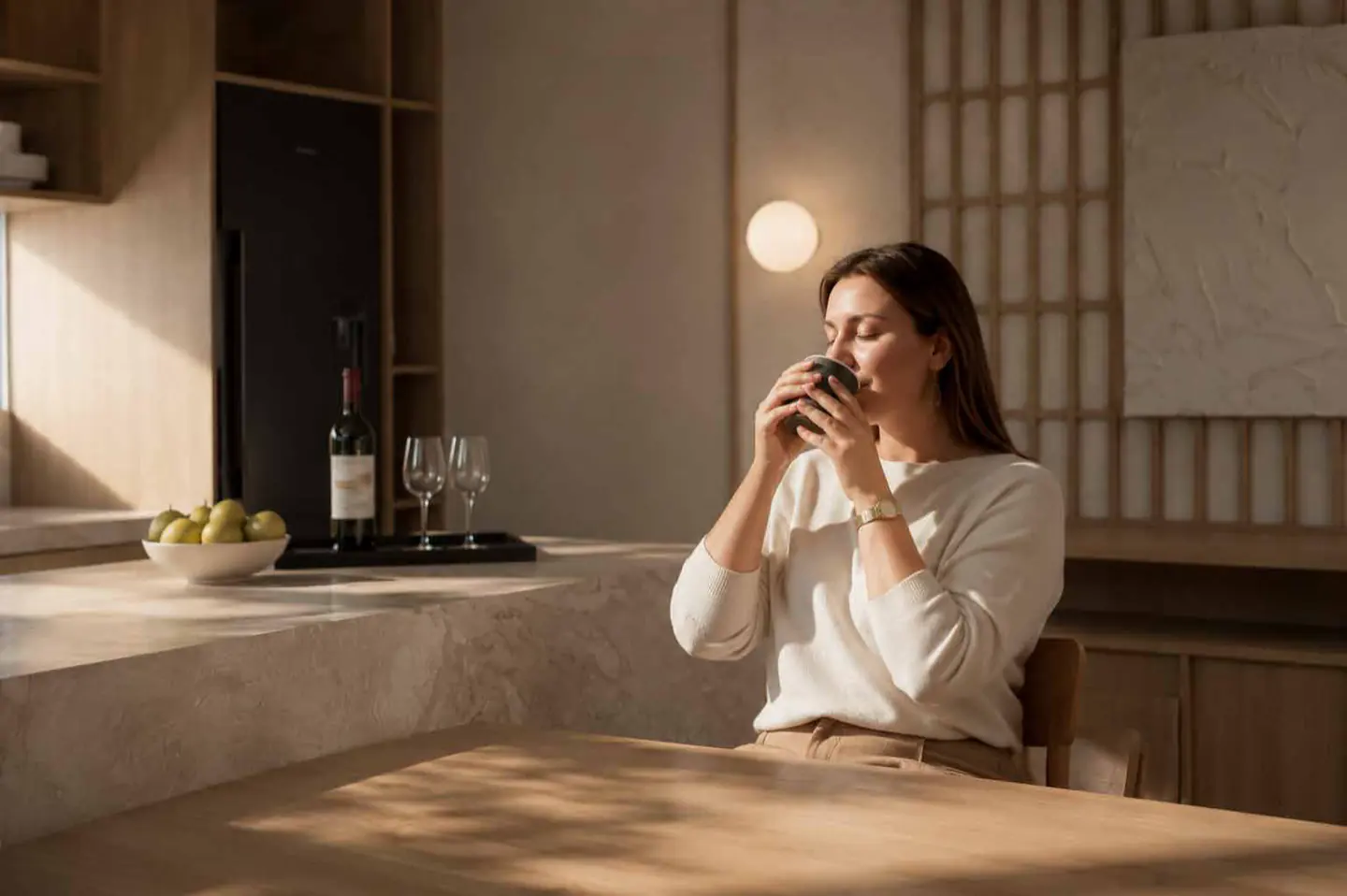 A woman sipping coffee at the marble kitchen island in soft morning light.